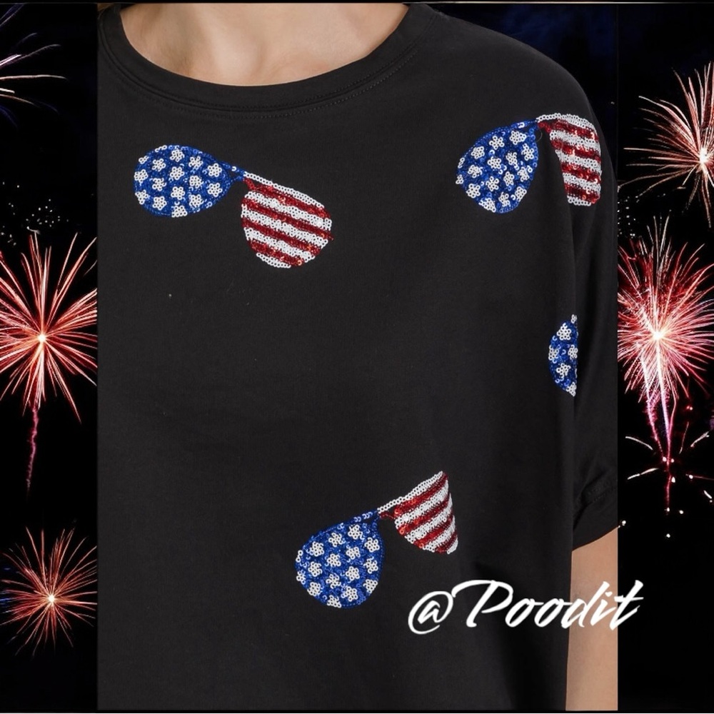 FANTASTIC FAWN patriotic sequin sunglasses oversized top S M L - Picture 3 of 7